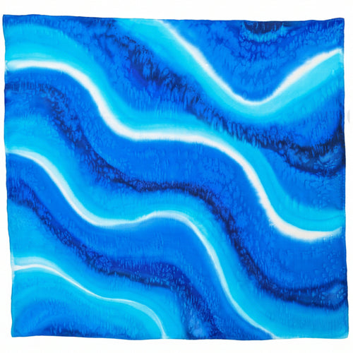 tie dye hand painted pure silk square blue turquoise white navy color handmade by Lynne Kiel made in Canada