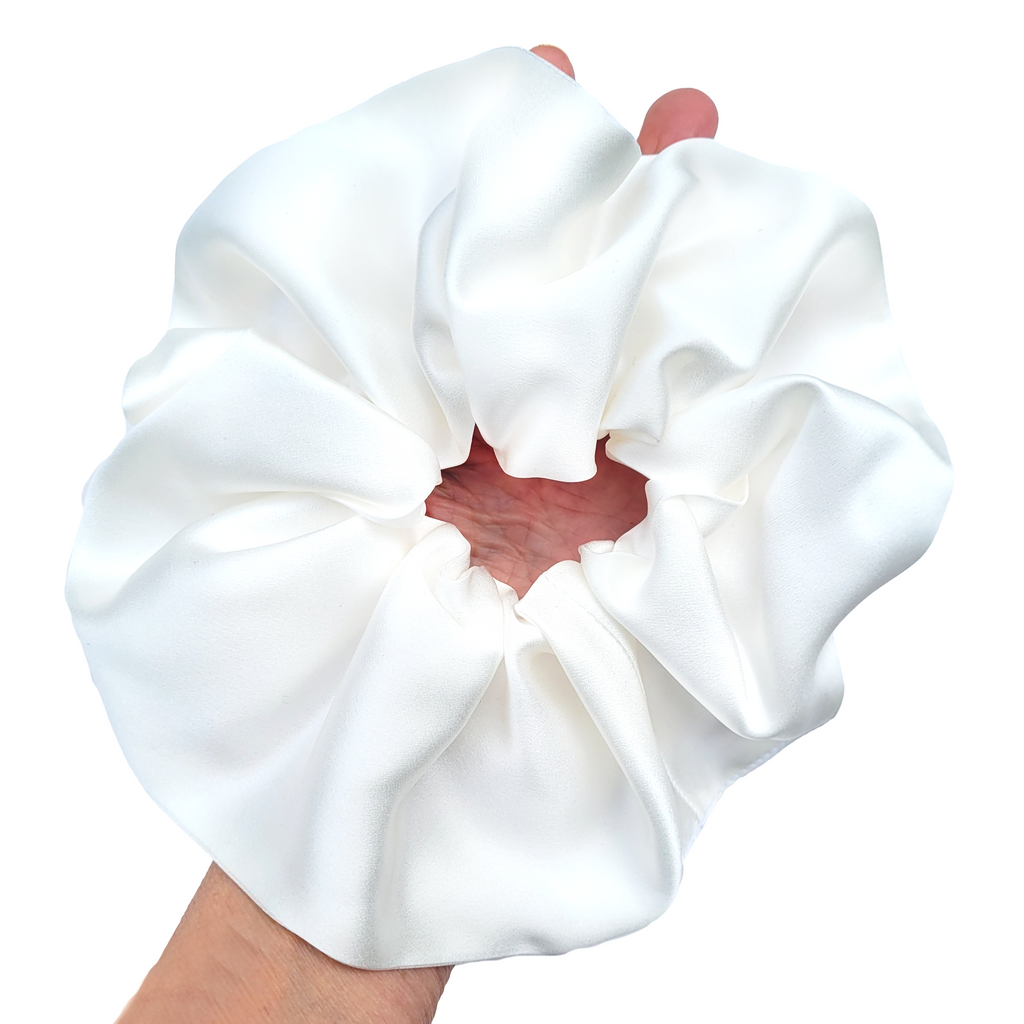 oversized jumbo white silk scrunchie hair tie ponytail holder handmade in Canada by Lynne Kiel