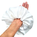 Load image into Gallery viewer, pure silk white oversized scrunchie ponytail holder hair accessory handmade in Canada by Lynne Kiel
