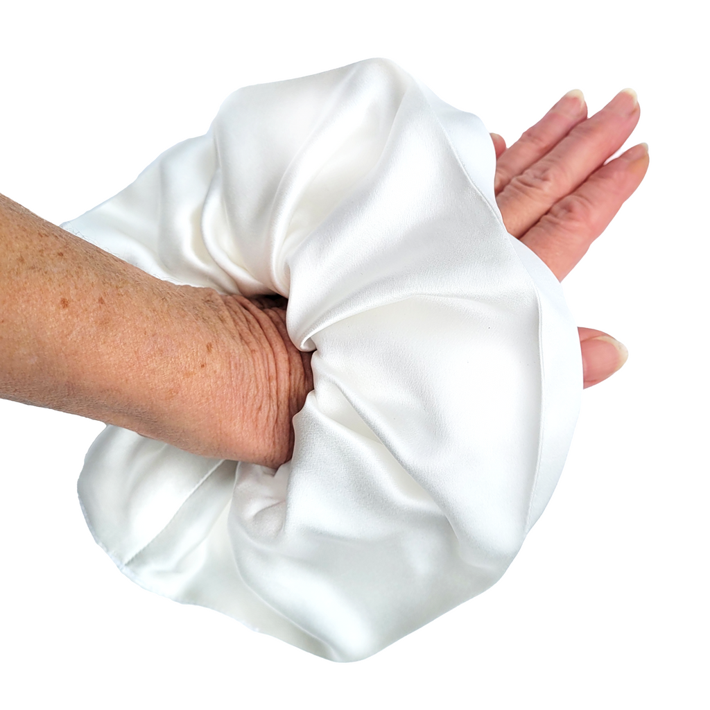 White pure silk hair accessory pony tail holder hair scrunchie handmade in Canada by Lynne Kiel