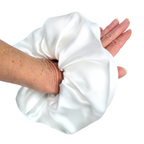 White pure silk hair accessory pony tail holder hair scrunchie handmade in Canada by Lynne Kiel