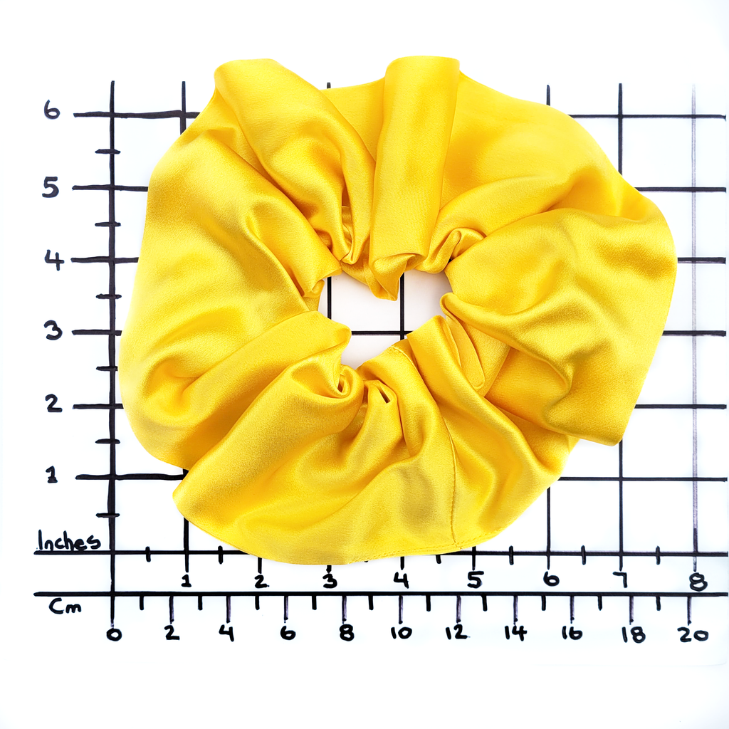 pure silk yellow oversized jumbo scrunchie ponytail holder hair tie handmade in Canada by Lynne Kiel