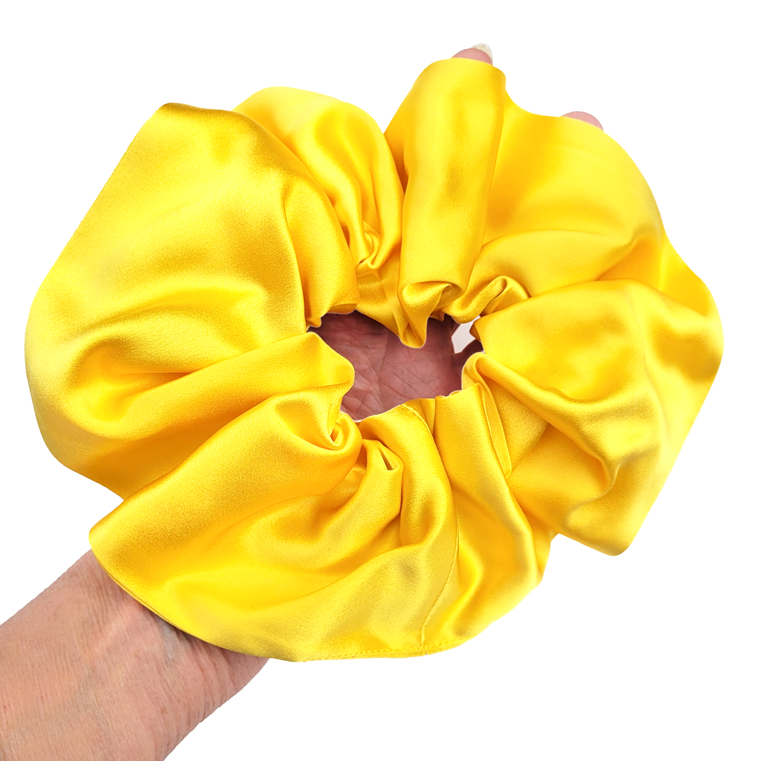 yellow oversized jumbo pure silk scrunchie ponytail holder hair accessory made in Canada by Lynne Kiel