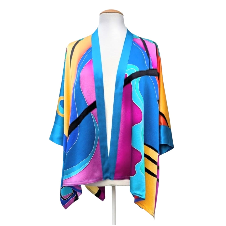Hand painted pure silk Kimono top colorful absrtact art design Original made by Lynne Kiel made in Canada