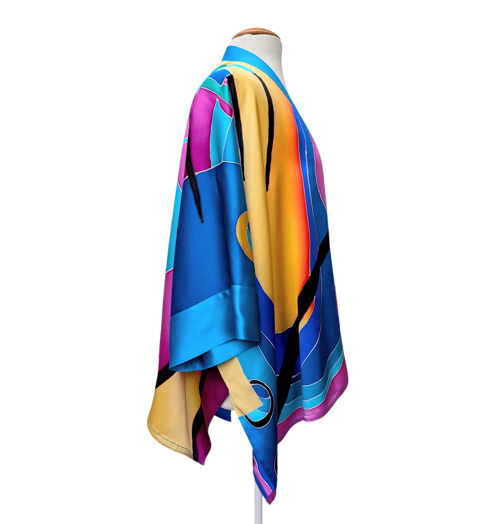 Colorful kimono top hand painted pure silk original abstract art design hand made by Lynne Kiel made in Canada