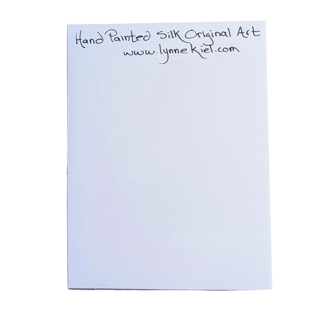 Art card back with handwritten text at the top reading 'Hand Painted Silk Original Art' and 'www.lynne Kiel.com