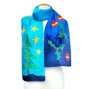 christmas tree holiday silk scarf hand painted art design handmade by Lynne Kiel