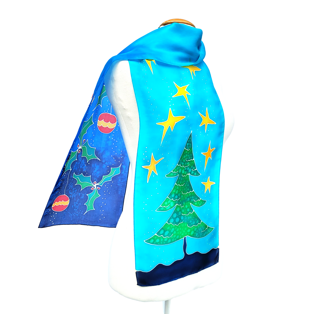 pure silk scarf blue green color hand painted christmas tree art design handmade by Lynne Kiel