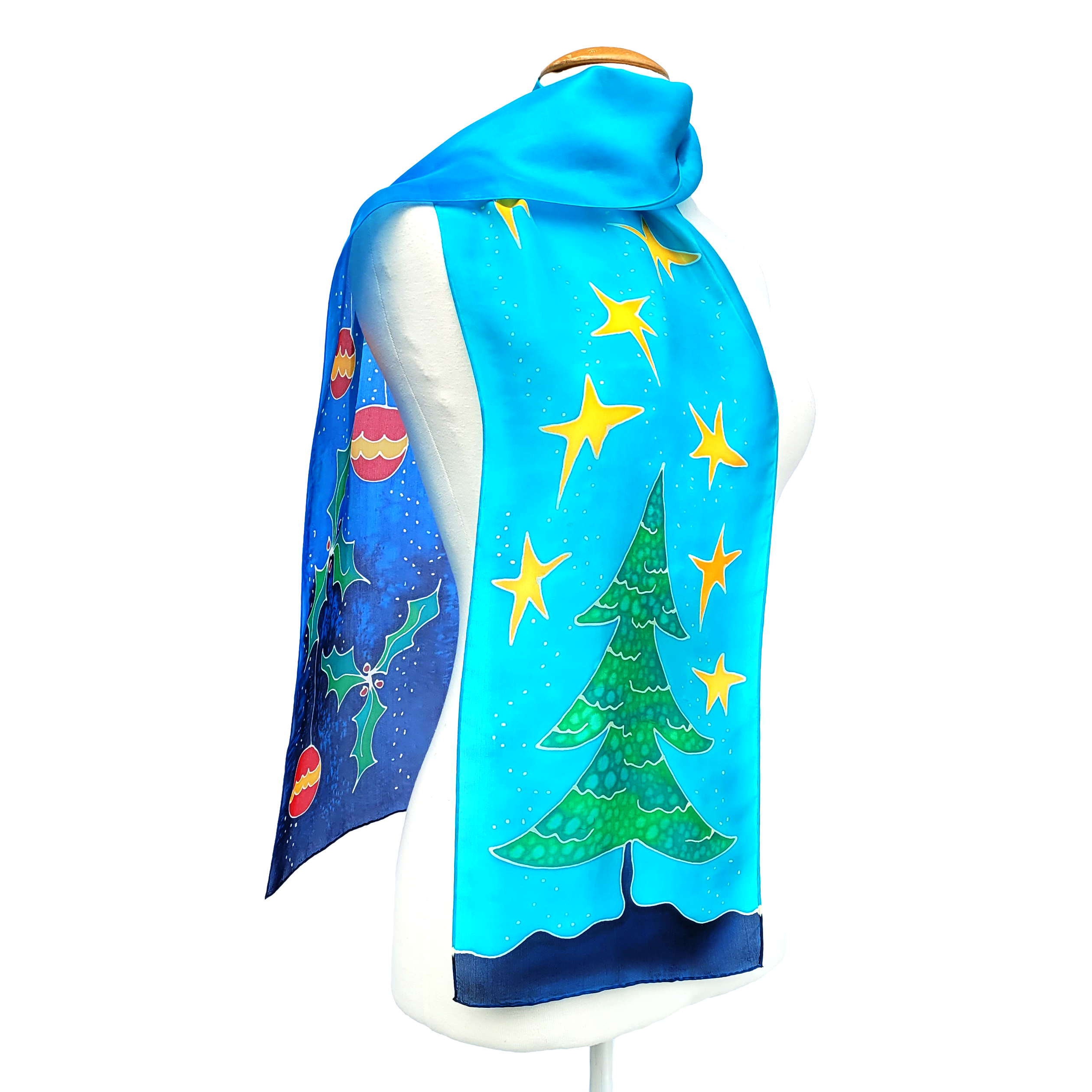 hand painted silk scarf christmas holiday art design handmade by Lynne Kiel