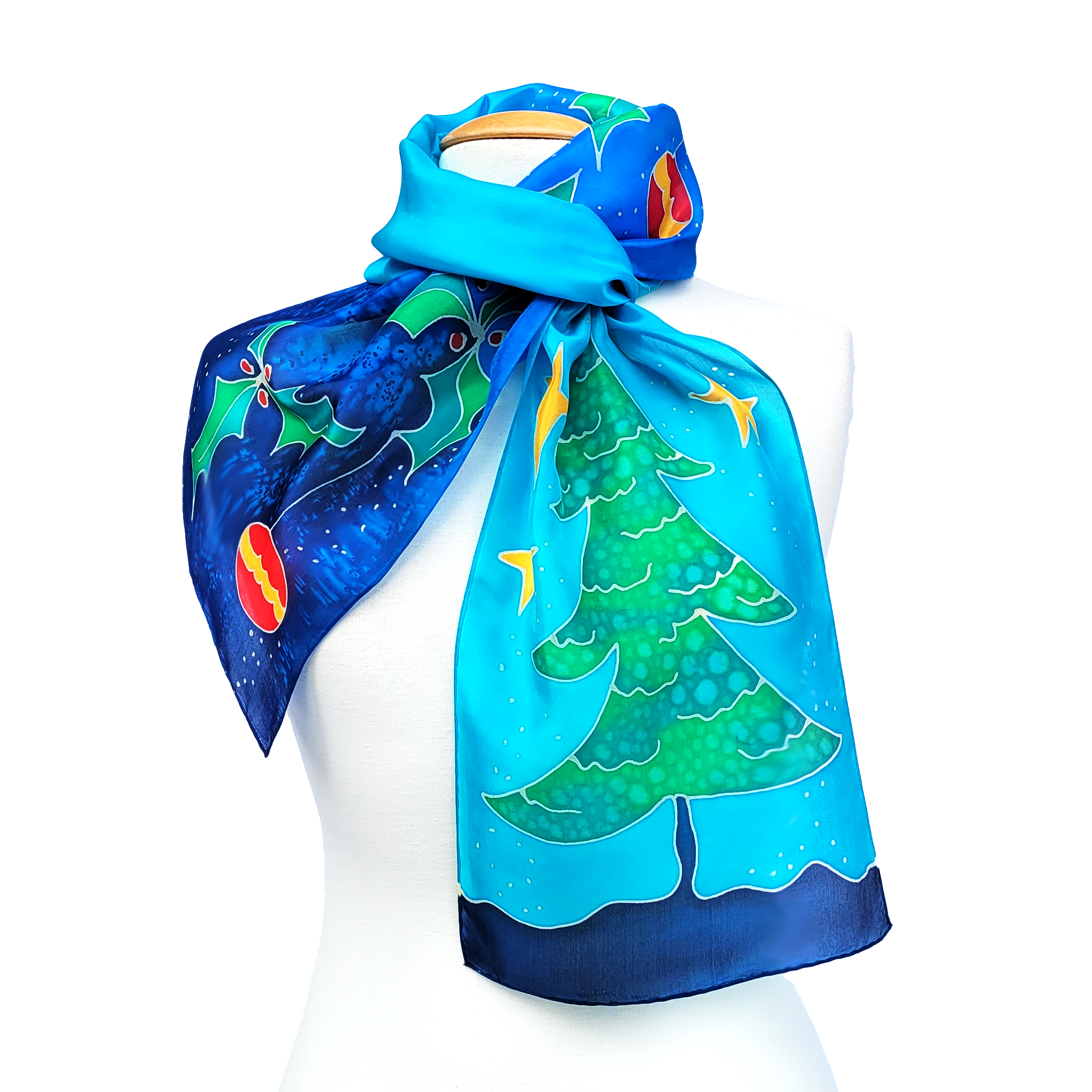 pure silk scarf christmas tree holiday handpainted art design handmade by Lynne Kiel