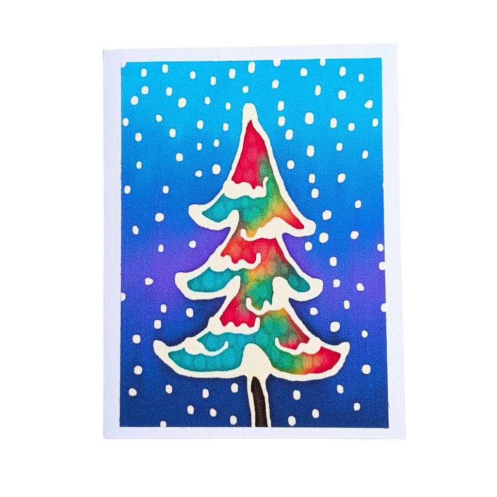 A HAND PAINTED pure silk origignal art card greeting card featuring a colorful Christmas tree design. The card has a white border and is shown against a clean white background.