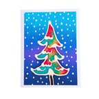 A HAND PAINTED pure silk origignal art card greeting card featuring a colorful Christmas tree design. The card has a white border and is shown against a clean white background.