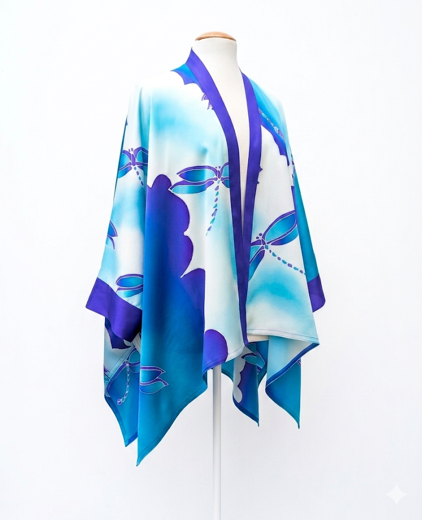 blue tuquoise purple white hand painted dragonfly art design One size Kimono top long sleeve handmade in Canada by Lynne Kiel