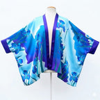 Hand painted pure silk kimono blue purple turquoise iris flower art design handmade by Lynne Kiel made in Canada
