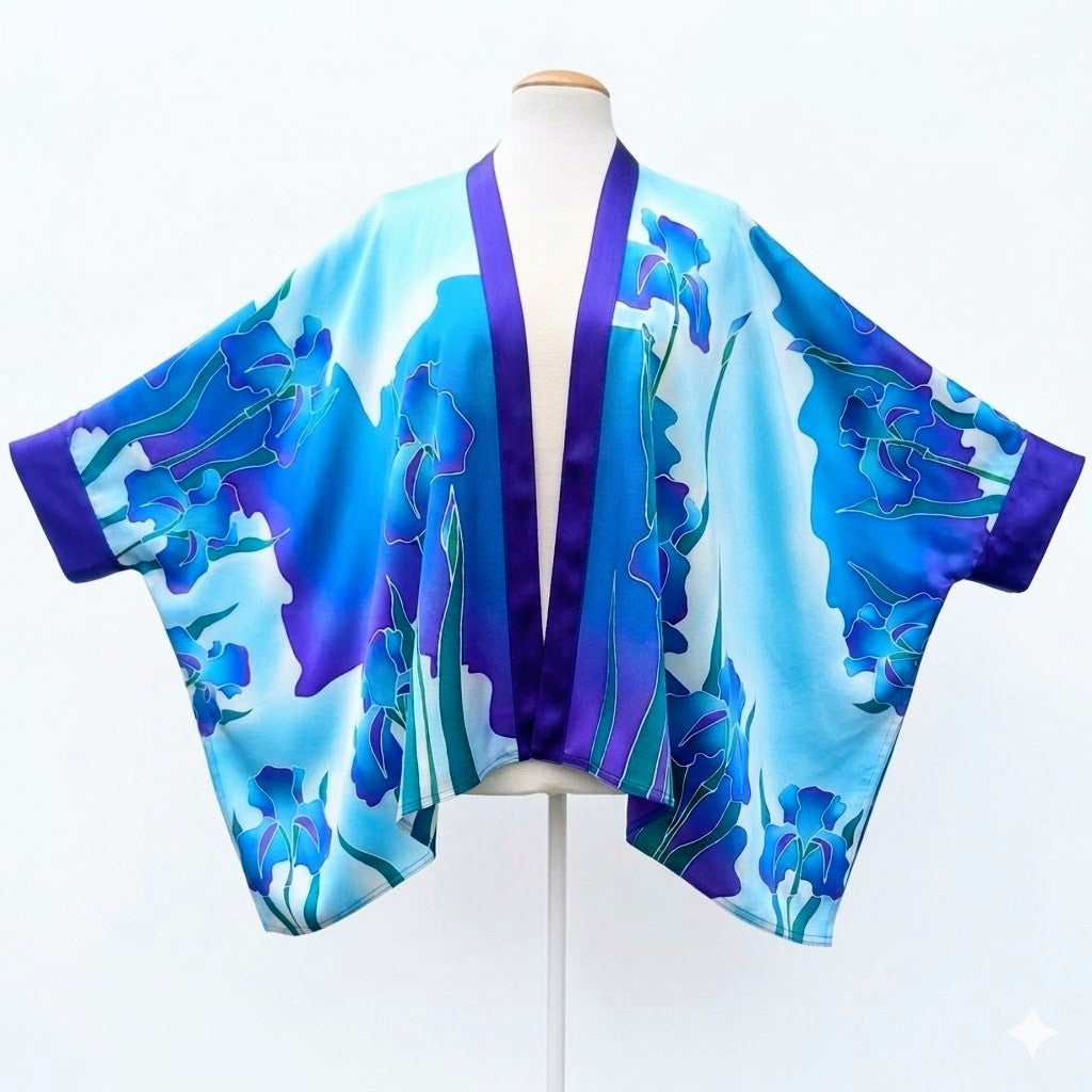 Hand painted pure silk kimono blue purple turquoise iris flower art design handmade by Lynne Kiel made in Canada