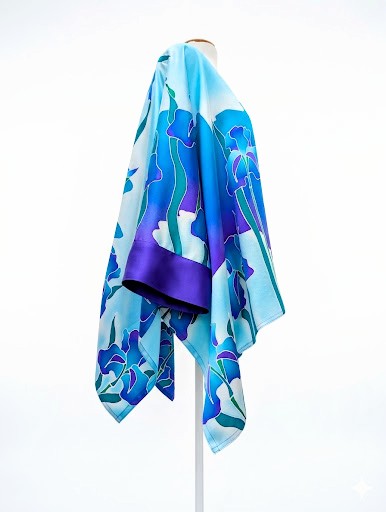 Kimono one size ladies top hand painted iris flower art design blue turquoise purple colors handmade by Lynne Kiel made in Canada