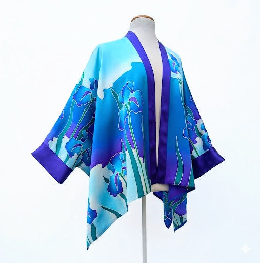 pure silk kimono purple blue turquoise iris flower art design hand painted one size top handmade by Lynne Kiel made in Canada