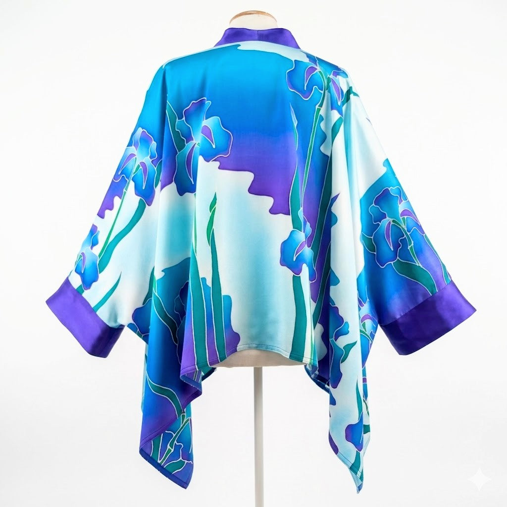 hand painted pure silk kimono ladies one size iris art design purple blue turquoise colors handmade by Lynne Kiel made in Canada