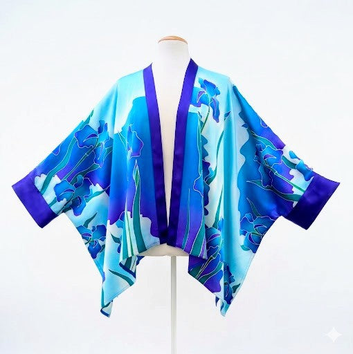pure silk kimono hand painted iris art design in purple blue turquoise handmade by Lynne Kiel made in Canada