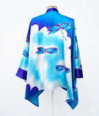Back view Kimono top hand painted dragonfly art design in purple white blue turquoise colors hand made in Canada one of a kind long sleeve top