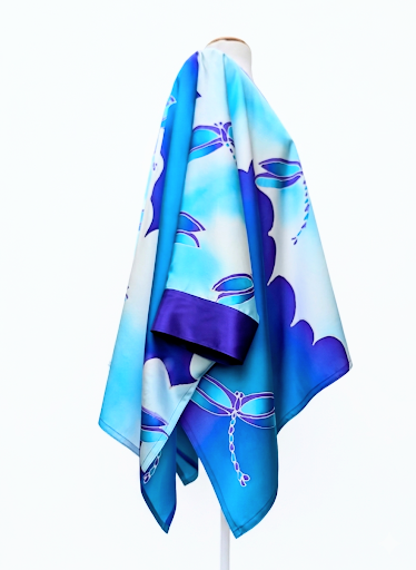 pure silk Kimono top hand painted dragonfly art design in purple white blue turquoise color one size long sleeve handmade one of a kind made in Canada by Lynne Kiel