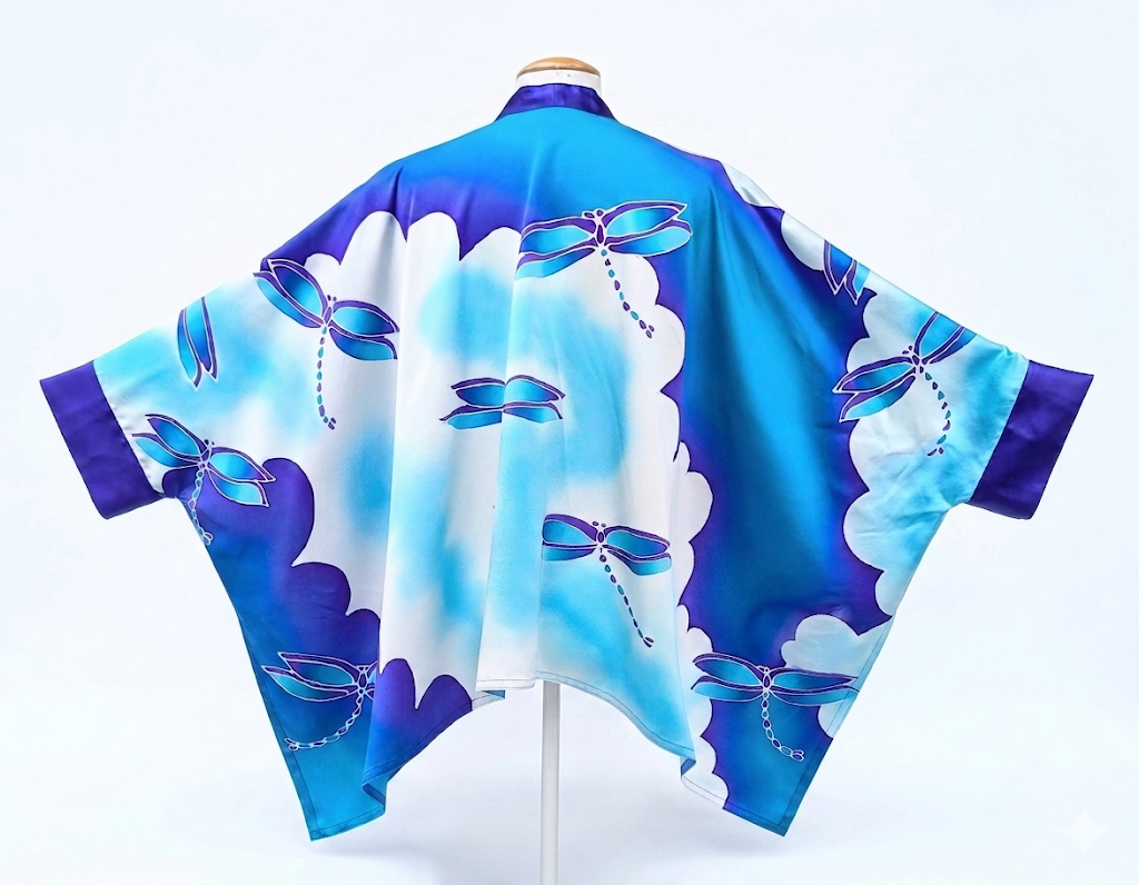 Pure silk Kimono top one size hand painted dragonfly art purple blue white turquoise colors long sleeve style handmade in Canada by Lynne kiel