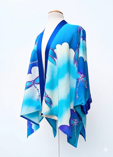 Pure silk Kimono top one size purple blue white turquoise colors hand painted dragonfly art design handmade in Canada by Lynne Kiel