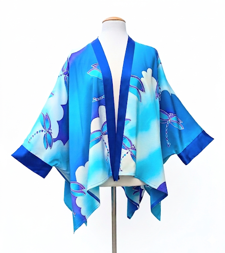 One size ladies Kimono top hand painted dragonfly art on pure silk in blue purple turquoise colors hand made in Canada by Lynne Kiel