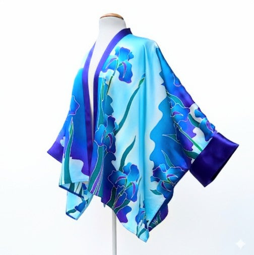 Iris flower art design hand painted pure silk kimono purple blue turquoise colors handmade by Lynne Kiel made in Canada