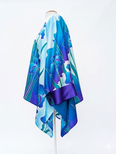 ladies top one size Kimono hand painted iris flower art design blue purple turquoise color handmade by Lynne Kiel made in Canada