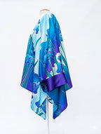 ladies top one size Kimono hand painted iris flower art design blue purple turquoise color handmade by Lynne Kiel made in Canada