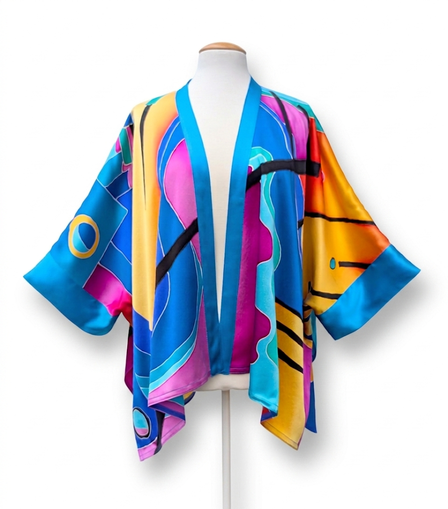 Pure silk hand painted kimono top One size colorful original abstract art design handmade by Lynne Kiel made in Canada