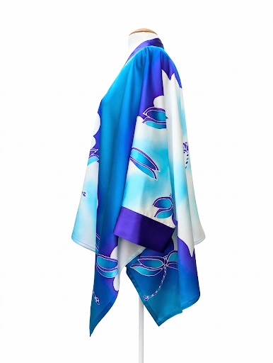 side view pure silk Kimono top hand painted dragonfly art design in purple blue turquoise color one size long sleeve handmade in Canada by Lynne Kiel