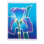 Load image into Gallery viewer, A hand painted pure silk original art card greeting card  featuring a stylized iris flower with purple and teal petals outlined in white, set against a blue gradient background.

