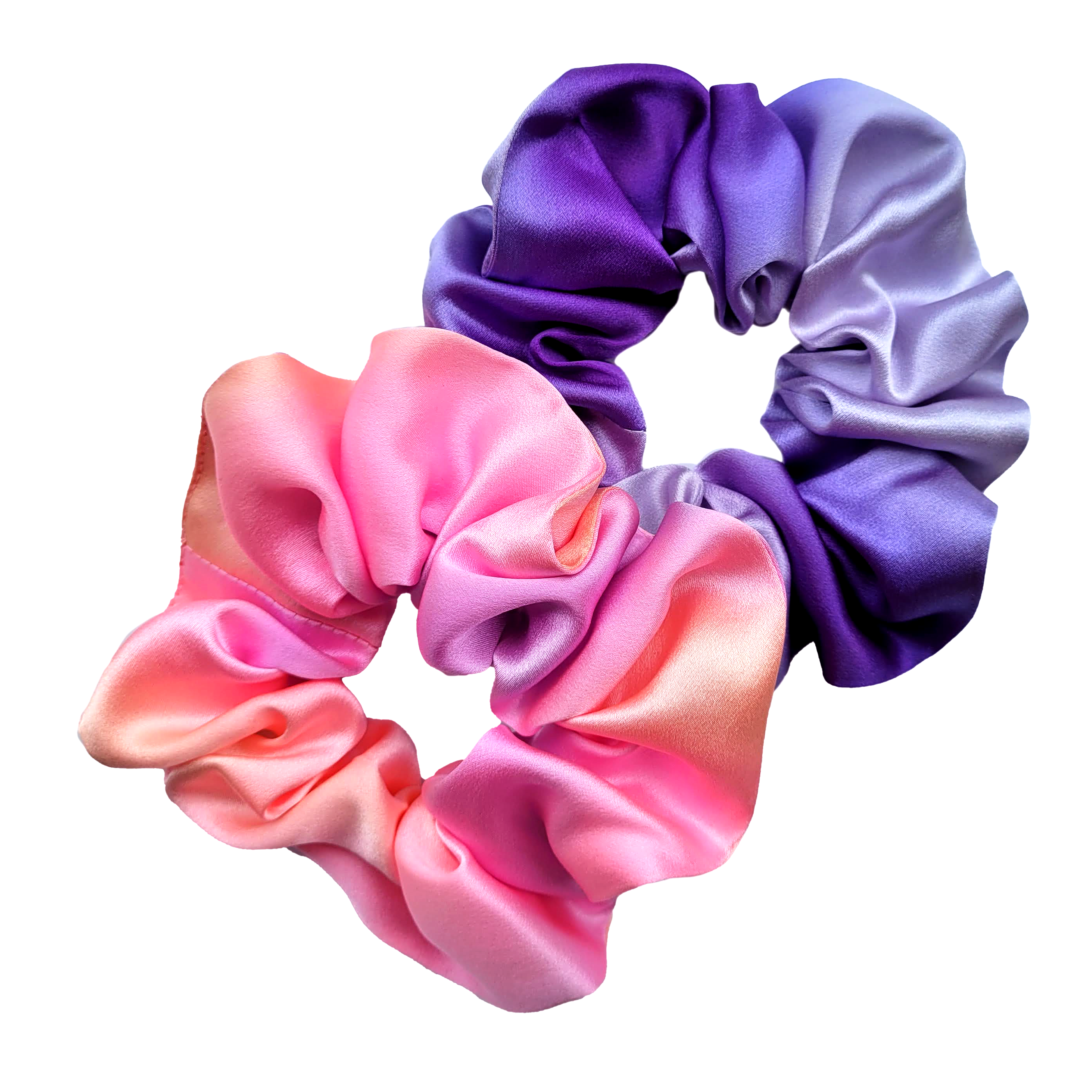 pure silk scrunchie hair accessories ponytail holder hand dyed purple and pink handmade by Lynne Kie