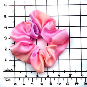Medium size pink pure silk scrunchie hair accessory ponytail holder handmade in Canada by Lynne Kiel