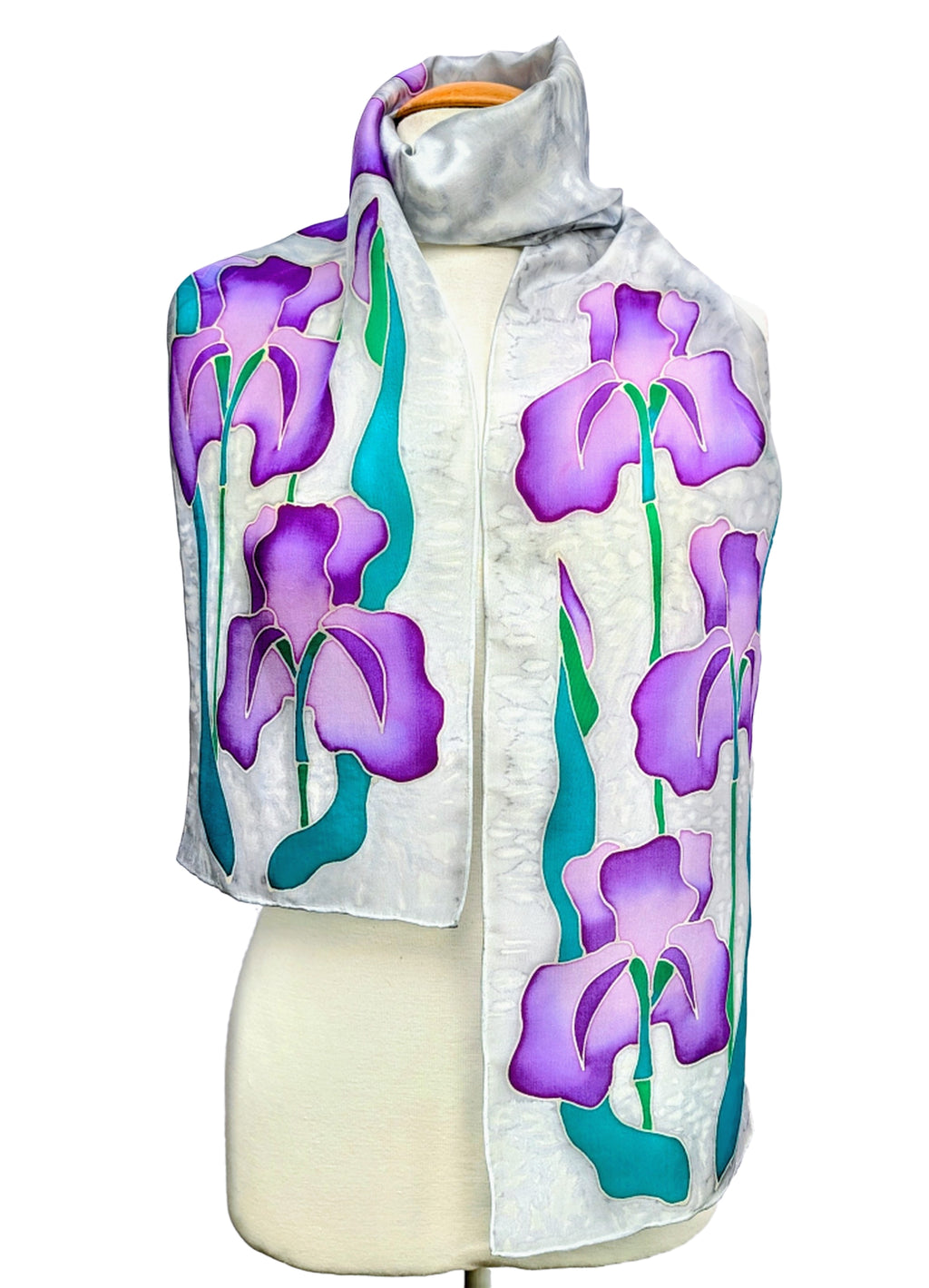 hand painted pure silk scarf purple mauve iris flower art design handmade in Canada by Lynne Kiel