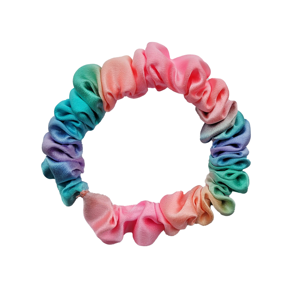 pure silk skinny scrunchie hand dyed rainbow color handmade by Lynne Kiel