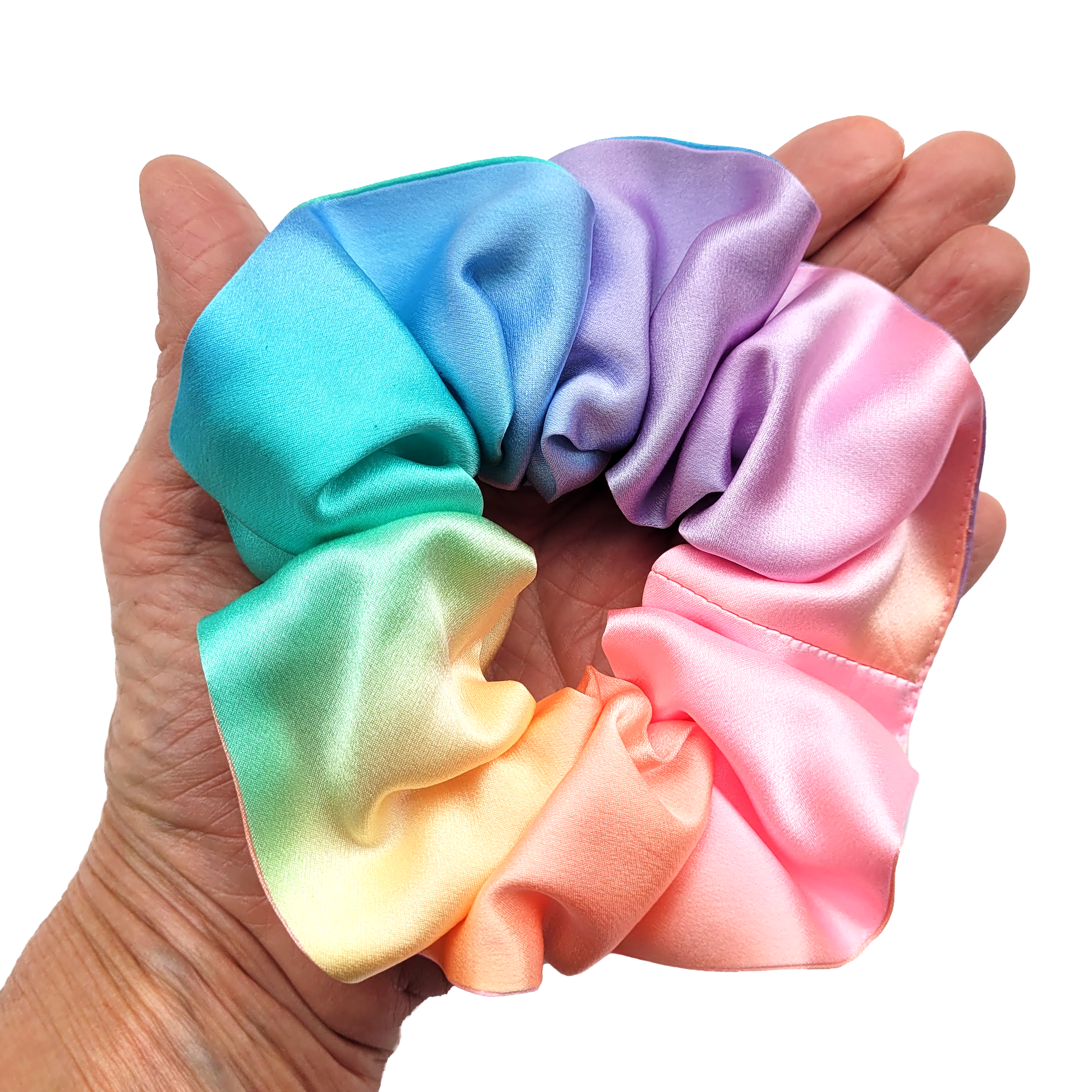 pure silk scrunchie medium size hair accessory ponytail holder hand dyed rainbow color handmade by Lynne Kiel
