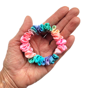 Skinny scrunchie hand dyed pastel rainbow color handmade by Lynne Kiel