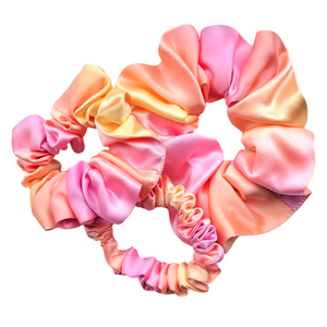 pure silk scrunchie hair accessory ponytail holder hand dyed orange pink color handmade by Lynne Kiel
