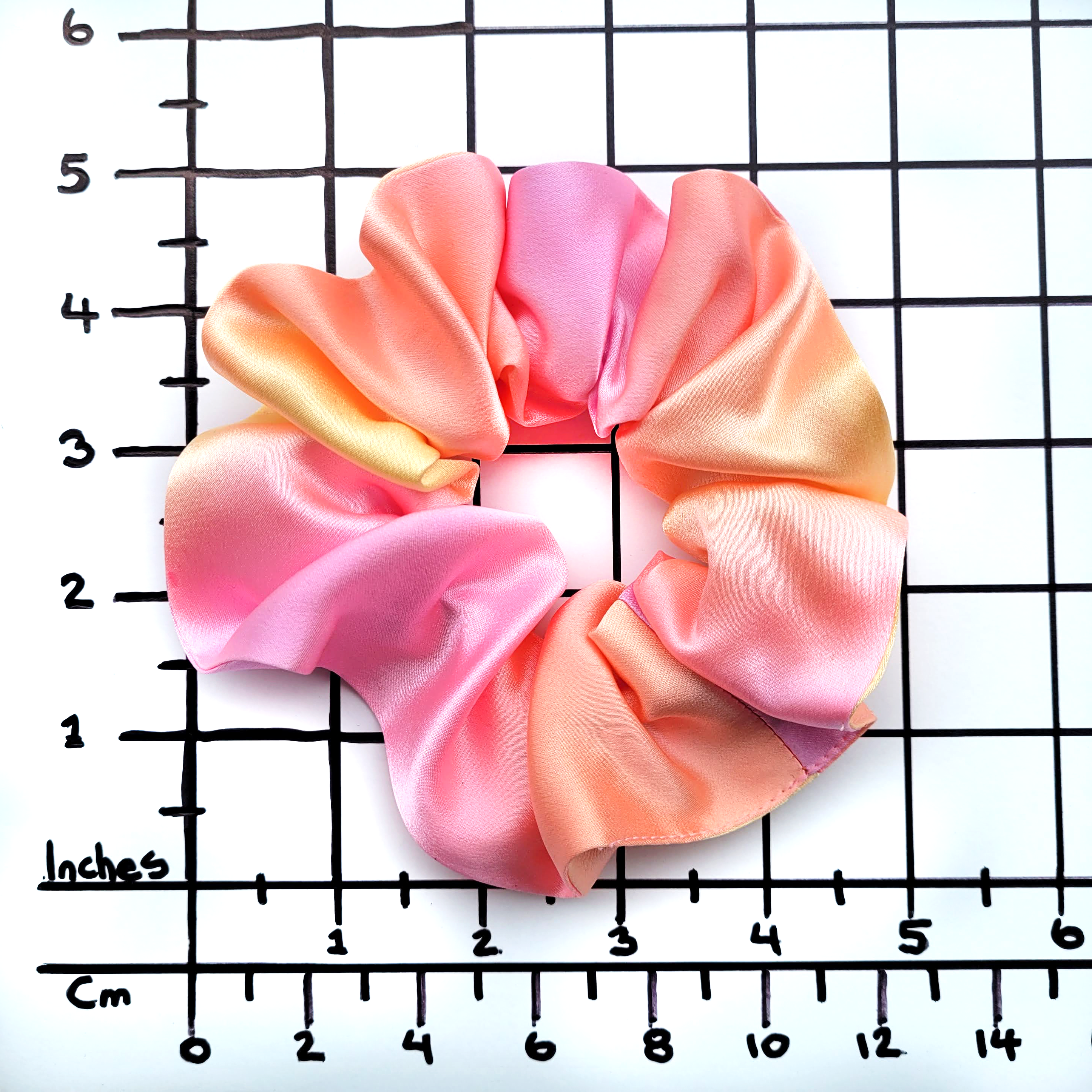 small size pure silk scrunchie hair accessory ponytail holder hand dyed yellow pink orange color handmade by Lynne Kiel