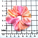 Load image into Gallery viewer, small size pure silk scrunchie hair accessory ponytail holder hand dyed yellow pink orange color handmade by Lynne Kiel

