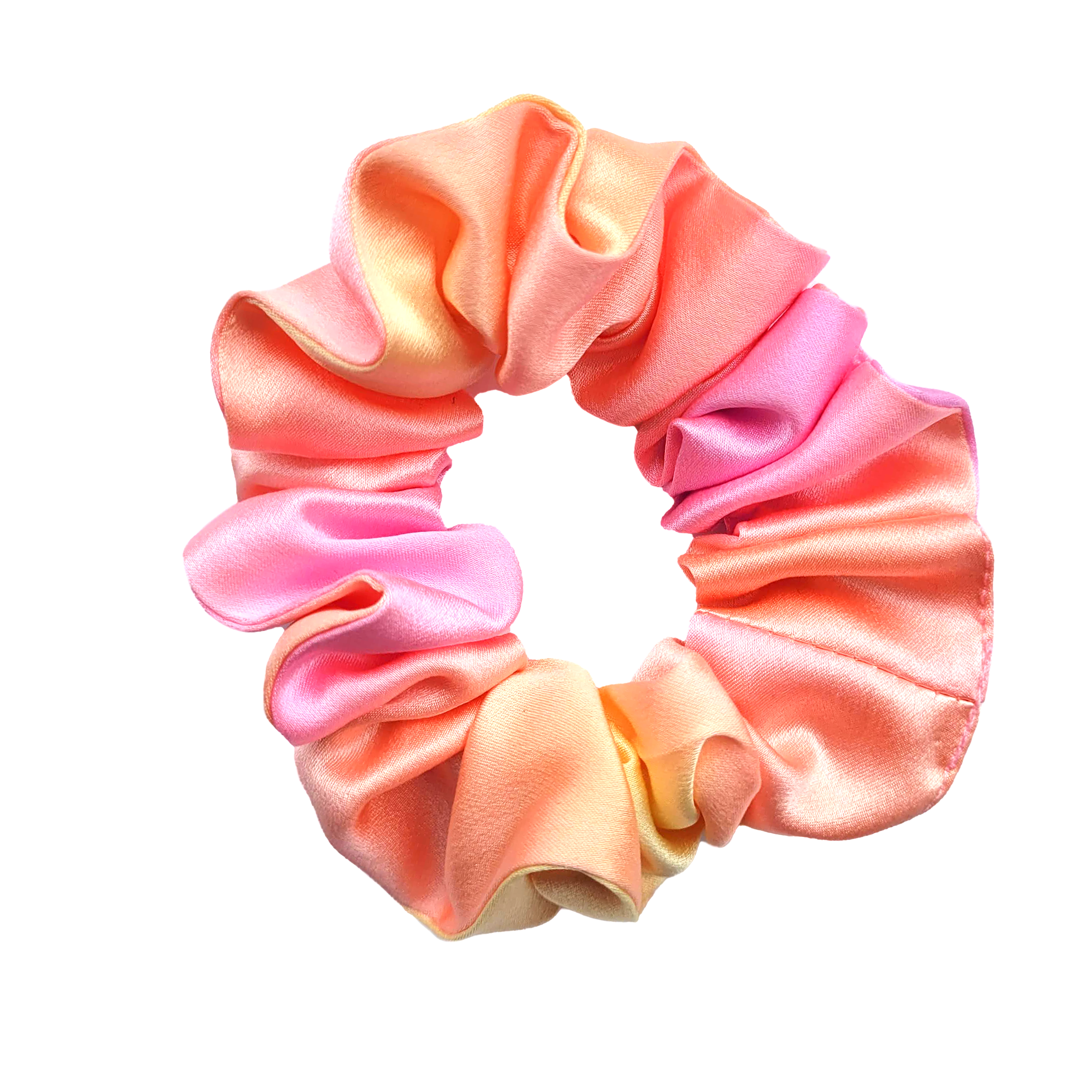 small size pure silk scrunchie hair accessory ponytail holder hand dyed pink orange color handmade by Lynne Kiel