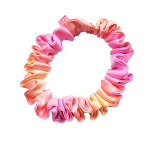 skinny size pure silk scrunchie hair accessory ponytail holder hand dyed pink orange color handmade by Lynne Kiel