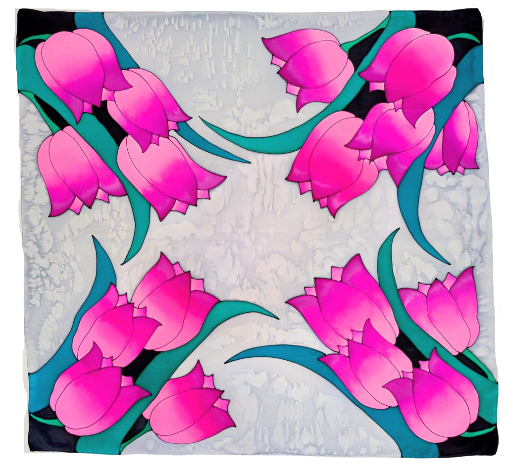 hand painted silk pink silver tulip square silk scarf handmade by Lynne Kiel made in Canada