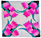 hand painted silk pink silver tulip square silk scarf handmade by Lynne Kiel made in Canada