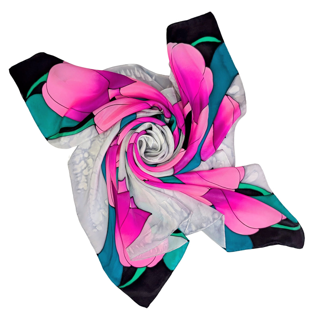 pure silk square hand painted scarf pink silver black tulip art design handmade by Lynne Kiel made in Canada