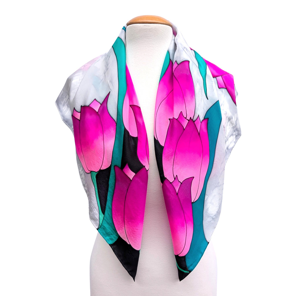 painted silk floral scarf pink tulip art design handpainted by Lynne Kiel made in Canada