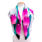 painted silk floral scarf pink tulip art design handpainted by Lynne Kiel made in Canada